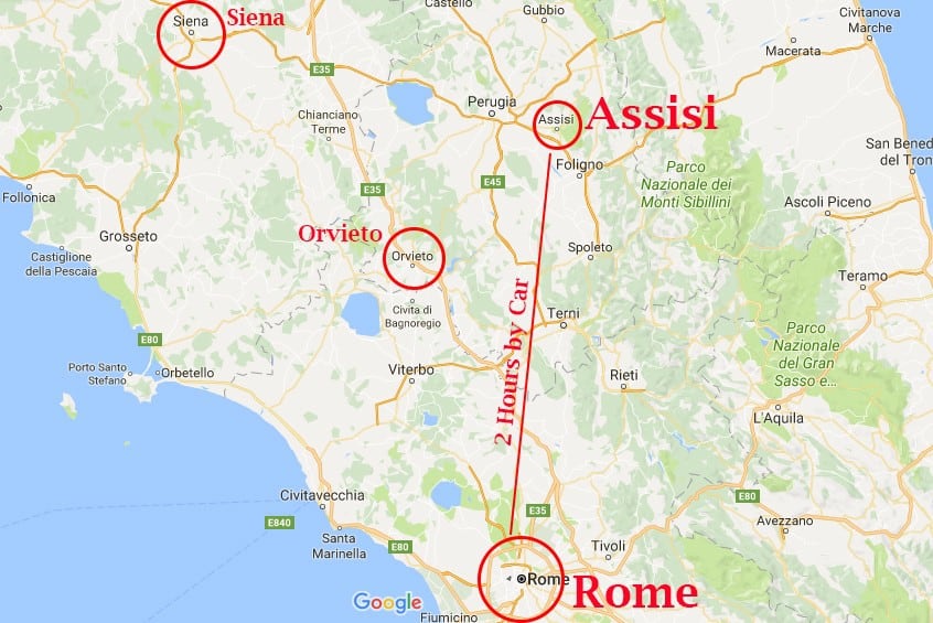 Assisi, Italy, map of the region with Assisi and Rome joined by red line