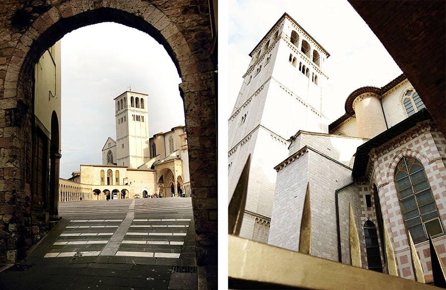 Hotel Giotto, Assisi, Italy, archway entrance to the cathedral, tower in the cathedral