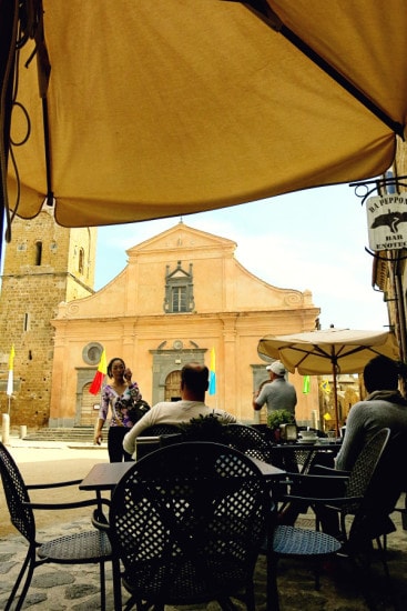 Civita di Bagnoregio Italy, view of the church from a restaurant