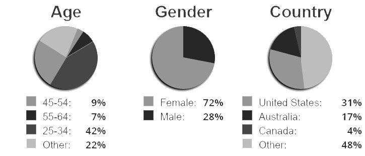 Chart of age, gender and country broken down to percentages, pie chart