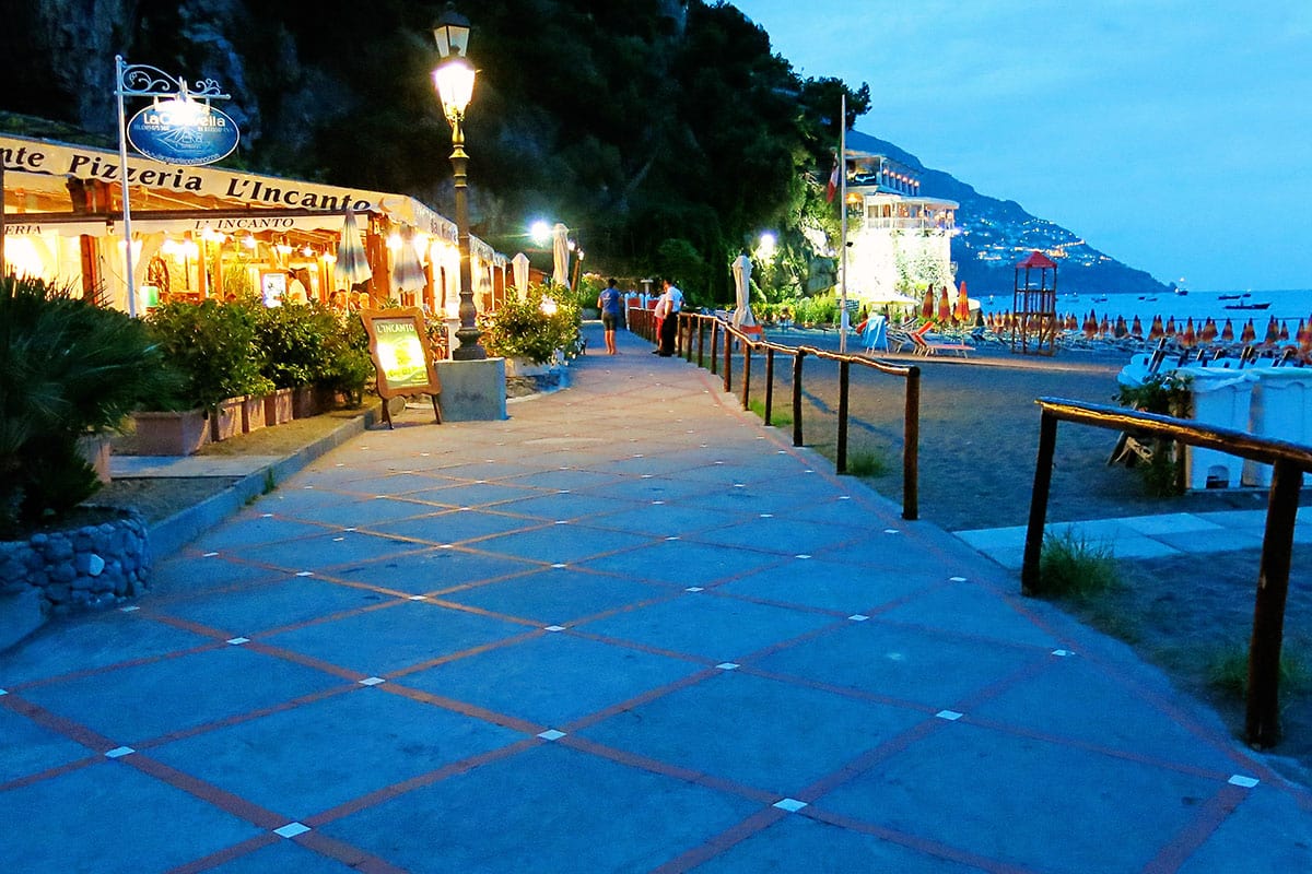 Positano beach walkway, pizzeria, beach, evening