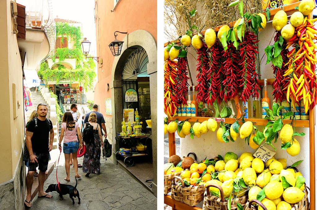 Positano alley, markets, lemons, chilli