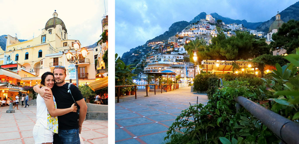 Positano Italy, Amalfi Coast, couple standing in front of building, evening photo of the walkway and hotels in Positano, 