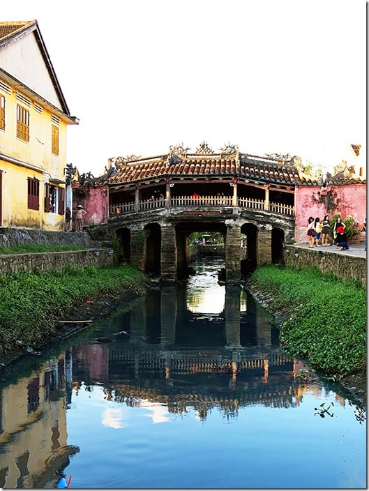 Hoi An Vietnam, Old Town Japanese Bridge, view from the side.