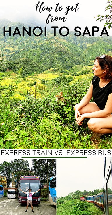 Pinterest Photo of a woman crouching with view of Sapa Valley, writing Hanoi to Sapa Bus vs Train