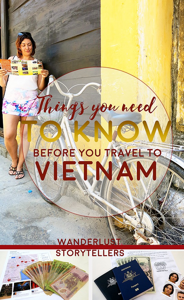Travel to Vietnam pinterest image, lady reading a flyer standing near a yellow wall and a bicycle, writing about Vietnam 