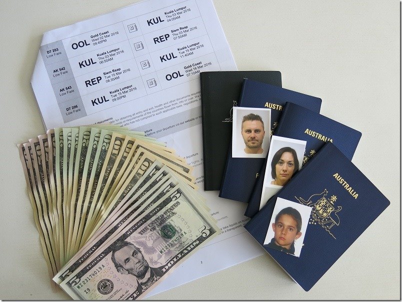 Australian passports, US 5, 10, 20 and 50 dollar notes, flight documents