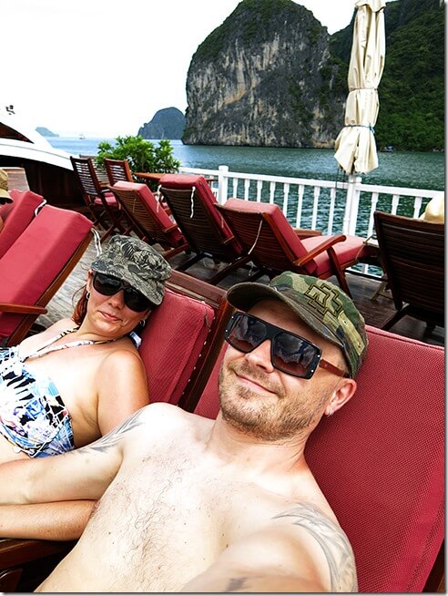 Relaxing on the top deck of the Indochina Sails Dayboat