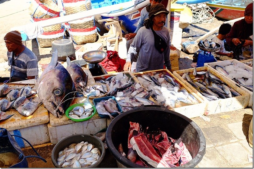 Jimbaran Fish Market Bali, man selling fish, different size fish in baskets