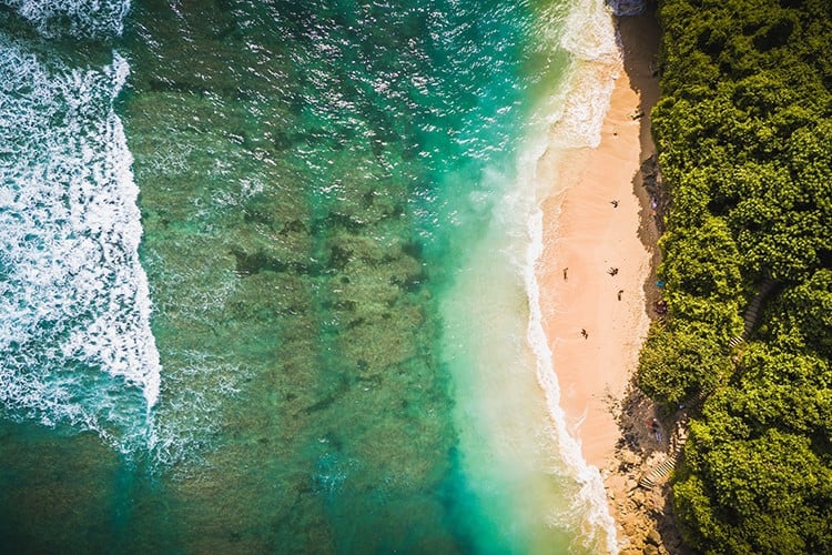 Where to go in South Bali: Green Bowl Beach, aerial view of the beach, water and trees