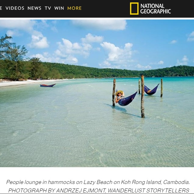 Screenshot from the National Geographic with a photo of a woman in the hammock, in the ocean water Koh Rong in Cambodia