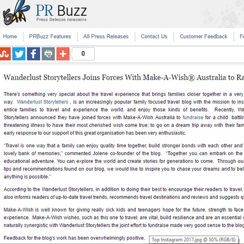 snippet of the news article on the PR Buzz, wanderlust storytellers join forces with Make a wish Australia