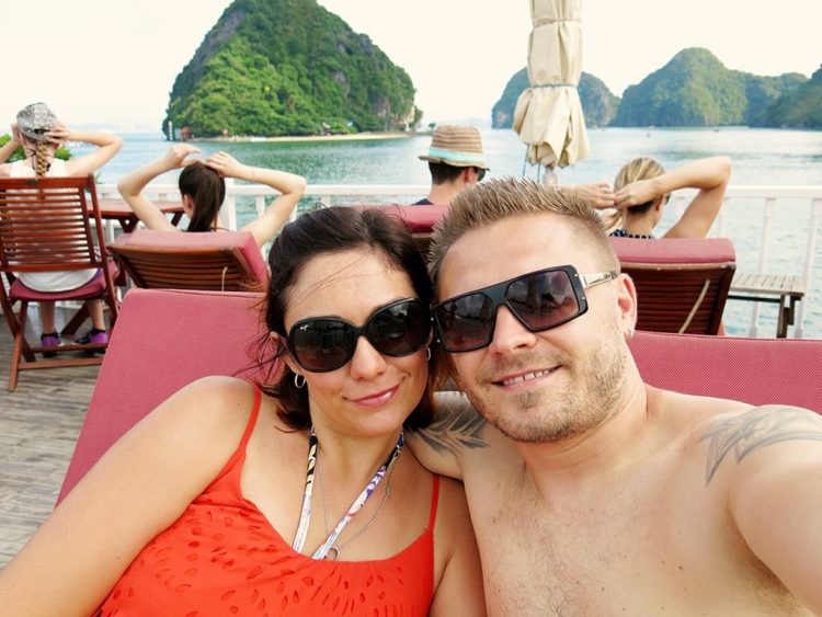 man and woman on the Halong Bay cruise boat