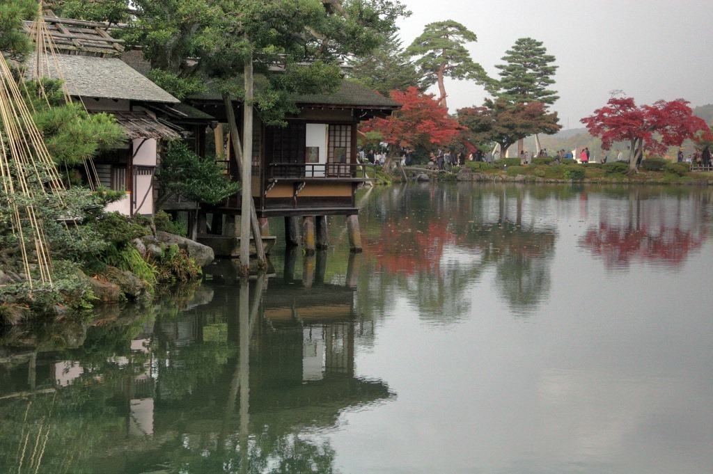 Kenroku-en Garden Kanazawa, Japan, view of the over water building, people in the distance