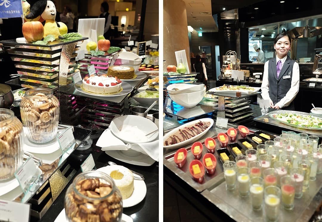 Buffet at Crowne Plaza, lots of food and lady serving the food