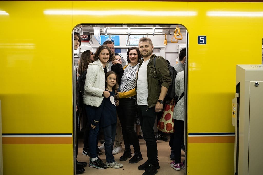 How to get to Senso-ji Temple - family on the yellow train Ginza Line 