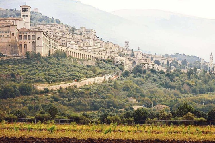 Assisi in Northern Italy Europe, old town in the distance on the hill