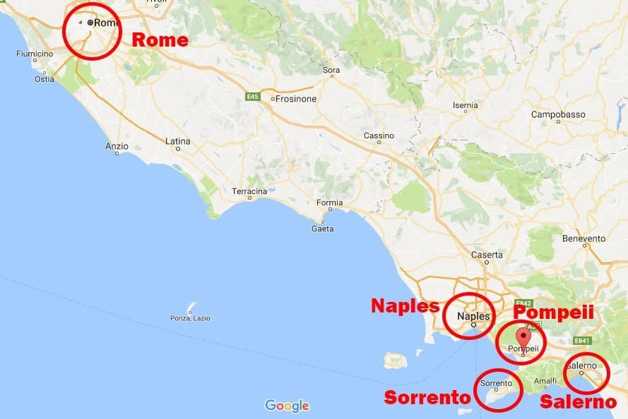 Rome to Pompei road map, Italy