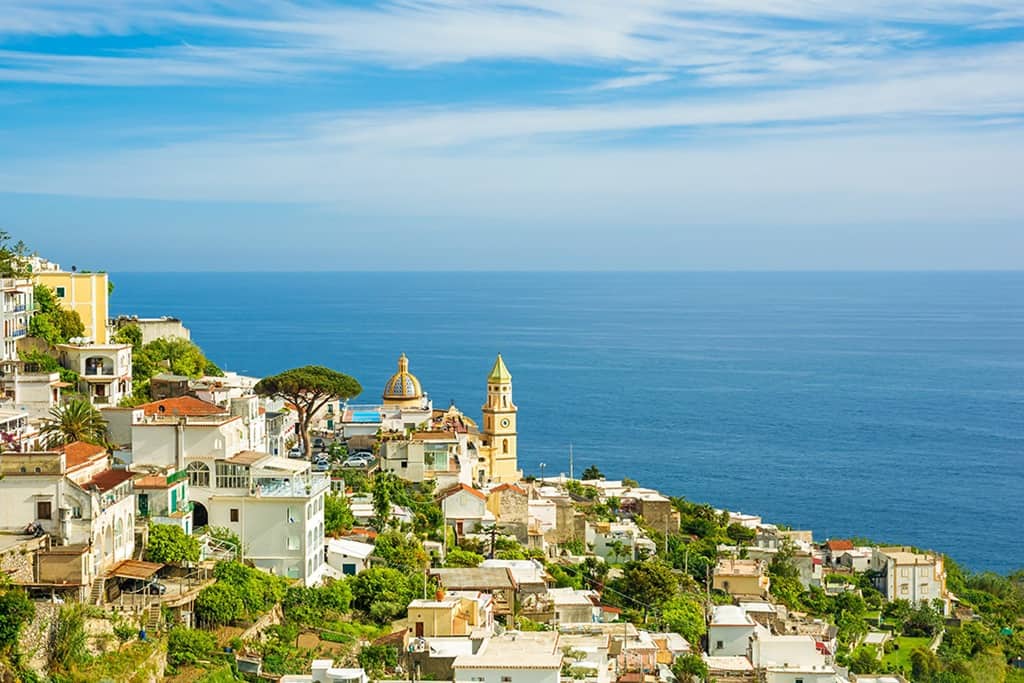 Positano, Amalfi Coast, Italy, view from the top of the town, church