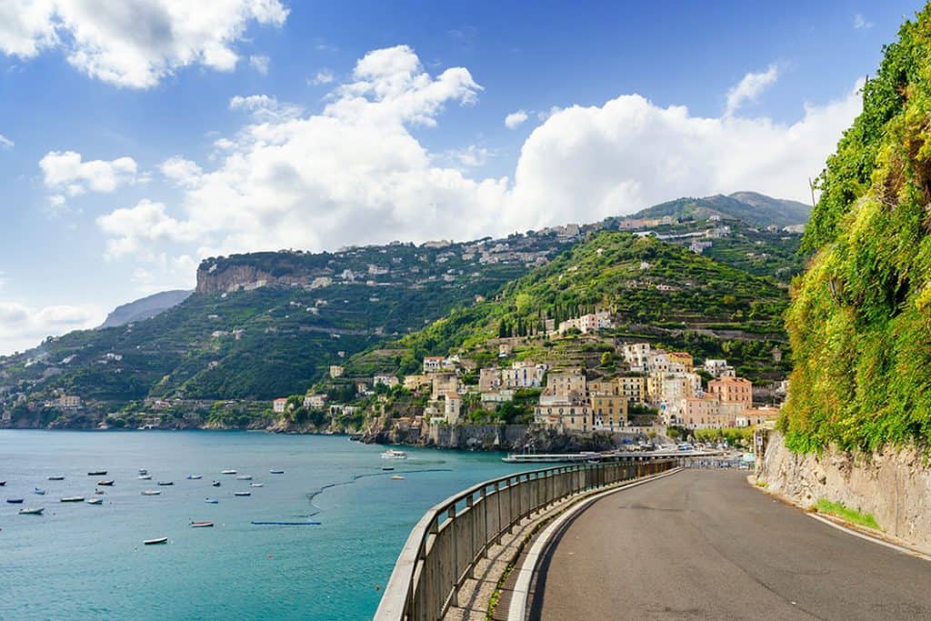 Street bend on the Amalfi Coast, towards Positano, Italy