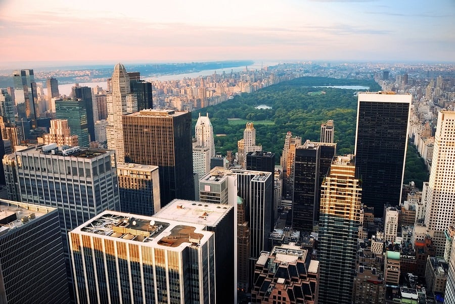 Central park, new york city skyline aerial view