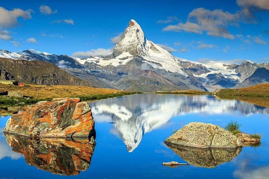 Autumn landscape with Matterhorn peak and Stellisee lake,Valais,Switzerland 