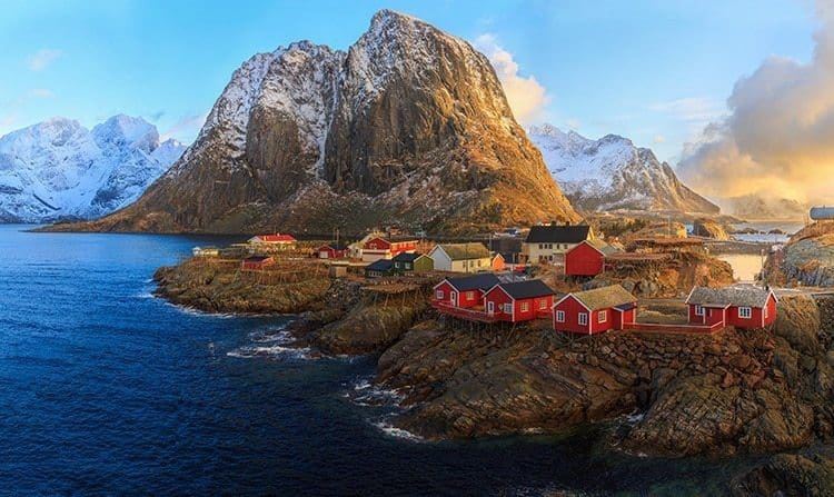 Sunrise over the fishing village of Reine in Lofoten, Norway