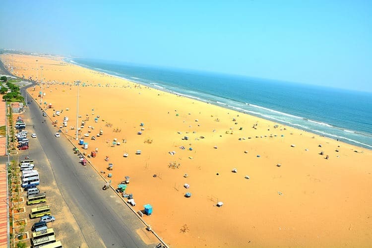 Marina beach in Chennai City, India. It is one of the popular tourist attraction in Chennai. It is longest urban natural beach in India, situated along the coast of Bay of Bengal.