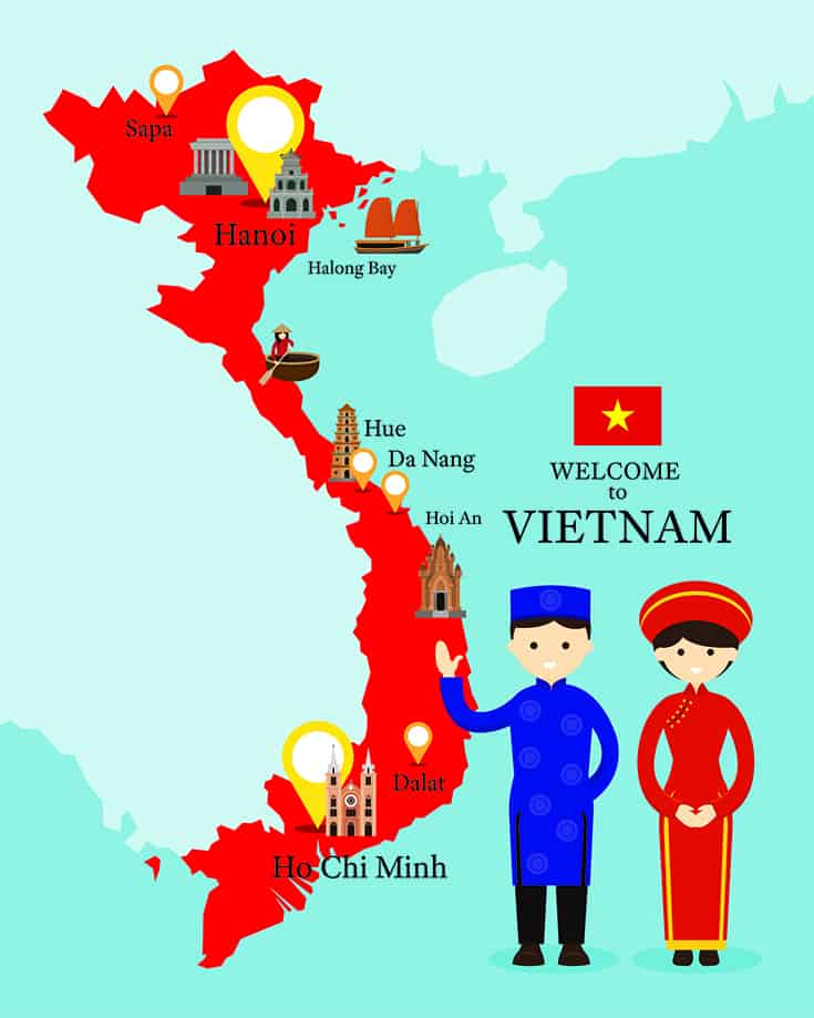 Map of Vietnam in red colour, cartoon man and woman standing next to the map