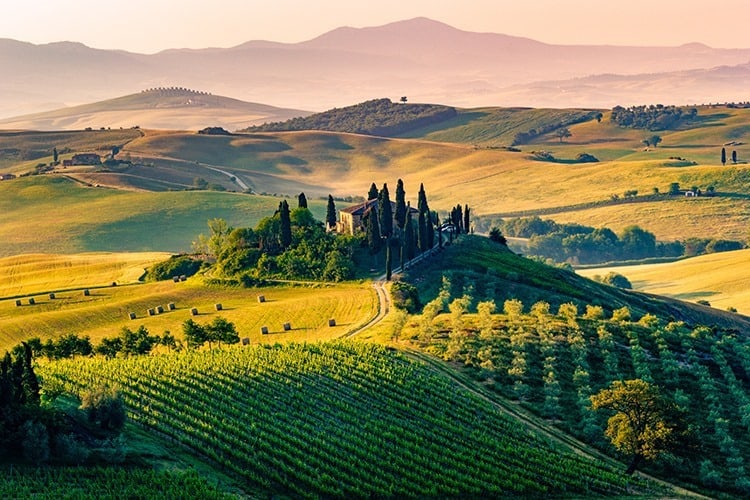 Tuscany, Italy sunset view of fields, road and a small house on the hill, green and  golden fields