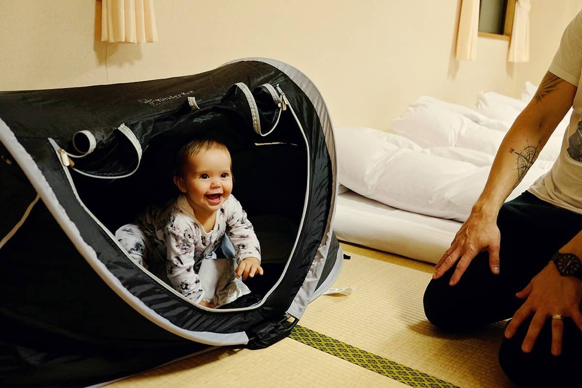 Avie in her Travel Bed