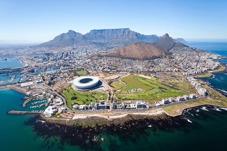 Aerial photo of Cape Town, South Africa, view of the city from above, Table Top Mountain, stadium