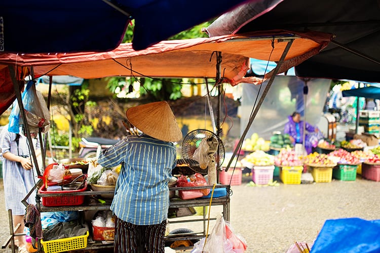 Markets in Vietnam, people, food stalls