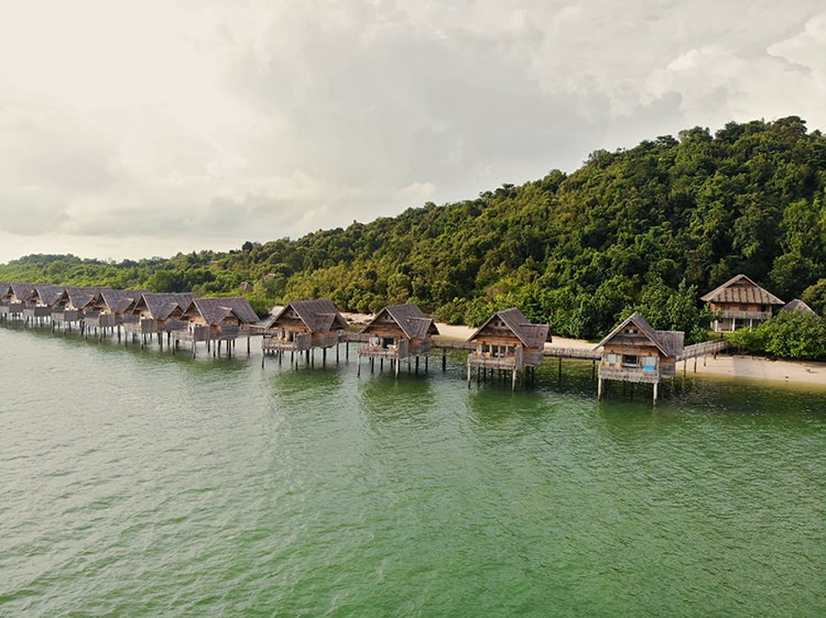 Telunas Private Island, Indonesia, view from above of over water villas
