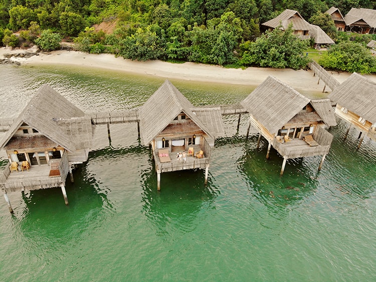 Telunas Resorts in Indonesia, drone photo from above of the over water villas