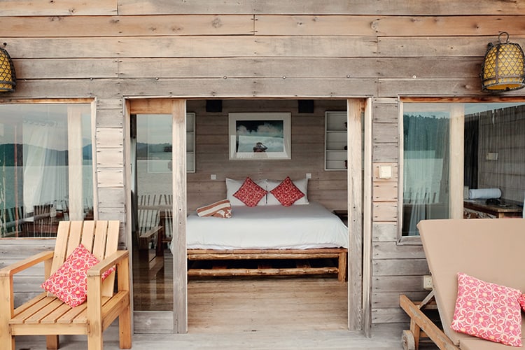 Telunas Private Island, Indonesia, view of the overwater villa from the balcony into the bedroom