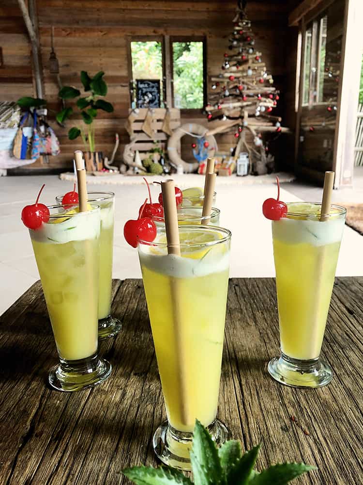 welcome drinks at the Telunas Private Island, Indonesia, Christmas tree in the background