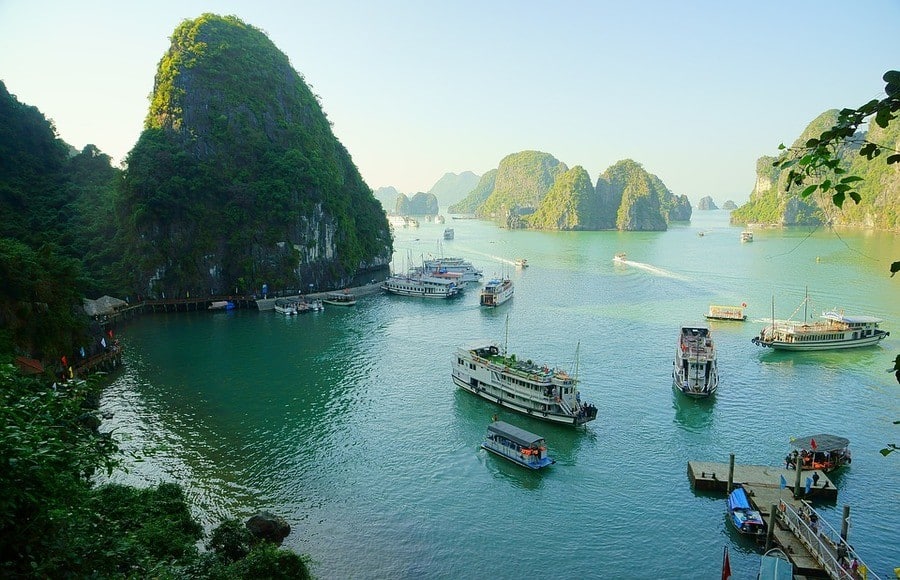 Halong Bay Vietnam Cruise Boats and rocky islands, photo from above