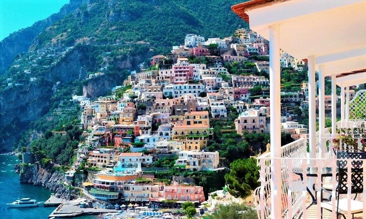 Best Positano Hotels - Hotel Maricanto - View from the balcony towards the colourful buildings on the side of the mountain