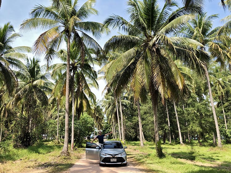 Coconut Beach Khao Lak Thailand, Man standing on the car with one door open, palm tree forest all around