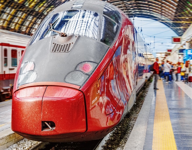 How to get to Amalfi Coast, Italian fast train, red train, people waiting for the train