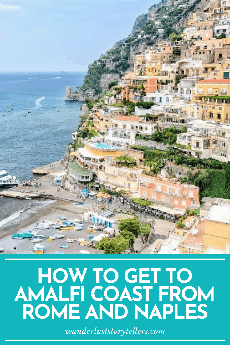 Pinterest photo collage, featuring Positano beach, ferry and the buildings on the side of the mountain