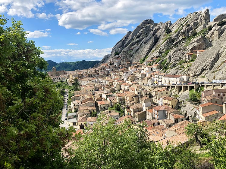 Cities in South Italy - Pietrapertosa, city buildings in the side of the rocky mountain, red roofs