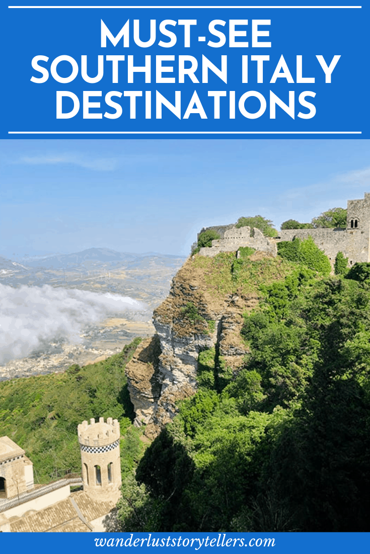 photo with writing: Best Destinations in South Italy, photo of an old castle ruins on the tops of the mountains