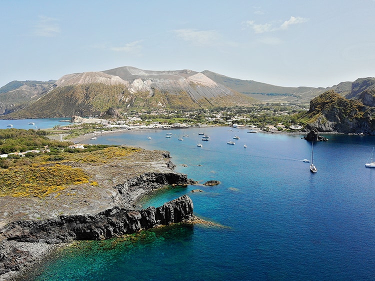 Aeolian Islands Sicily, Italy, drone view from the top, some sailing boats in the water