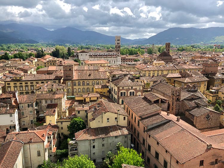 Lucca Italy, view of the old town from the top, roof tops, towers and mountains in the distance