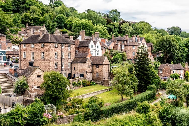 Houses and the River Severn in Iron Bridge Gorge in Shropshire, England