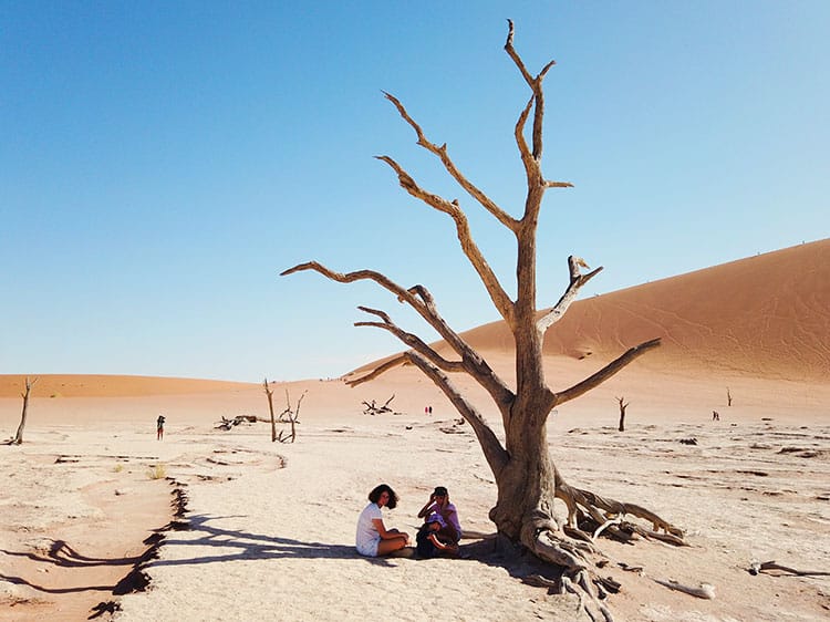 Sossusvlei, Deadvlei, Namibia, kids under the tree in the desert