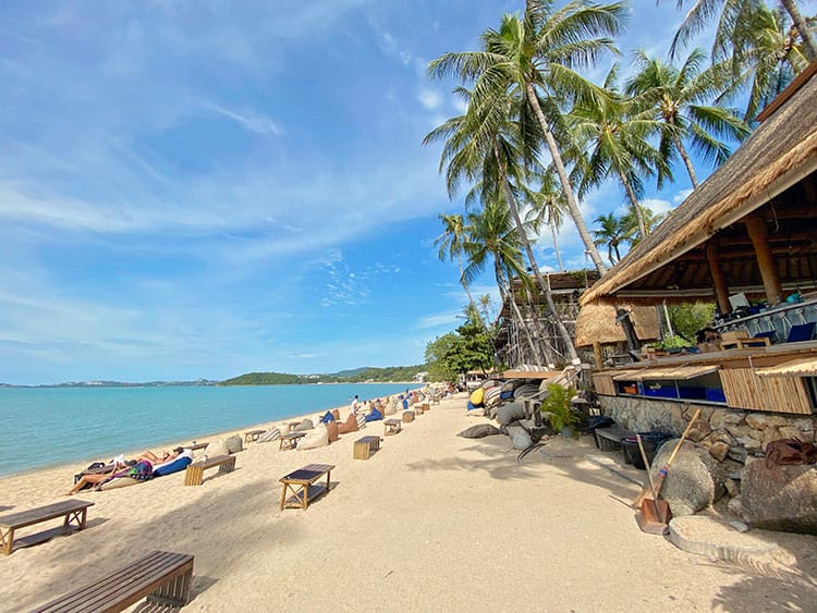 Bophut Beach, Koh Samui, Thailand, view of the restaurant on the beach and palm trees