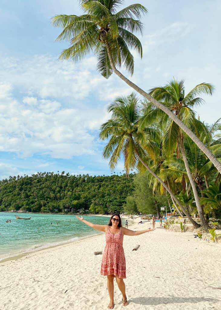 day trip from Koh Samui to Koh Phangan, Thailand, woman posing on the beach, palm trees